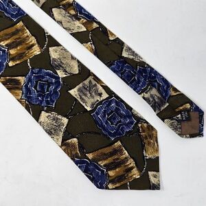 TED LAPIDUS ITALY SILK TIE VINTAGE OLIVE BLUE FLORAL ABSTRACT 3.75" X 57"